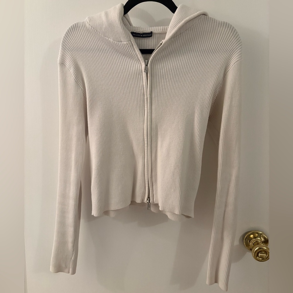 Brandy Melville White Cropped Zip Up Hoodie